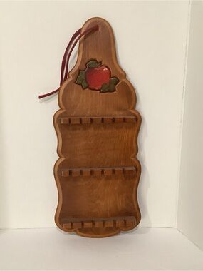 VTG Hanging Wooden Spoon Display Rack Carved Red Apple - Holds 18 Collectibles